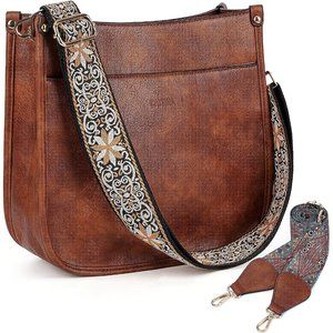 Women Leather Brown Hobo Trendy Crossbody Handbag  with 2 Adjustable Strap